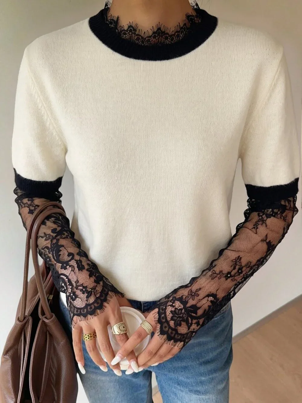 Apricot Casual Women's Contrast Lace Ruffle Drop Sleeve Round Neck Sweater